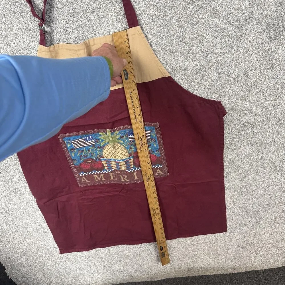 Vtg Y2K Bib Apron One Size Red Tan Americana Country Farmhouse Kitchen Folk Art